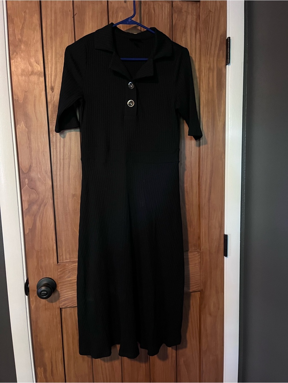 Who What Wear Black Ribbed Midi Polo Dress with Silver Buttons